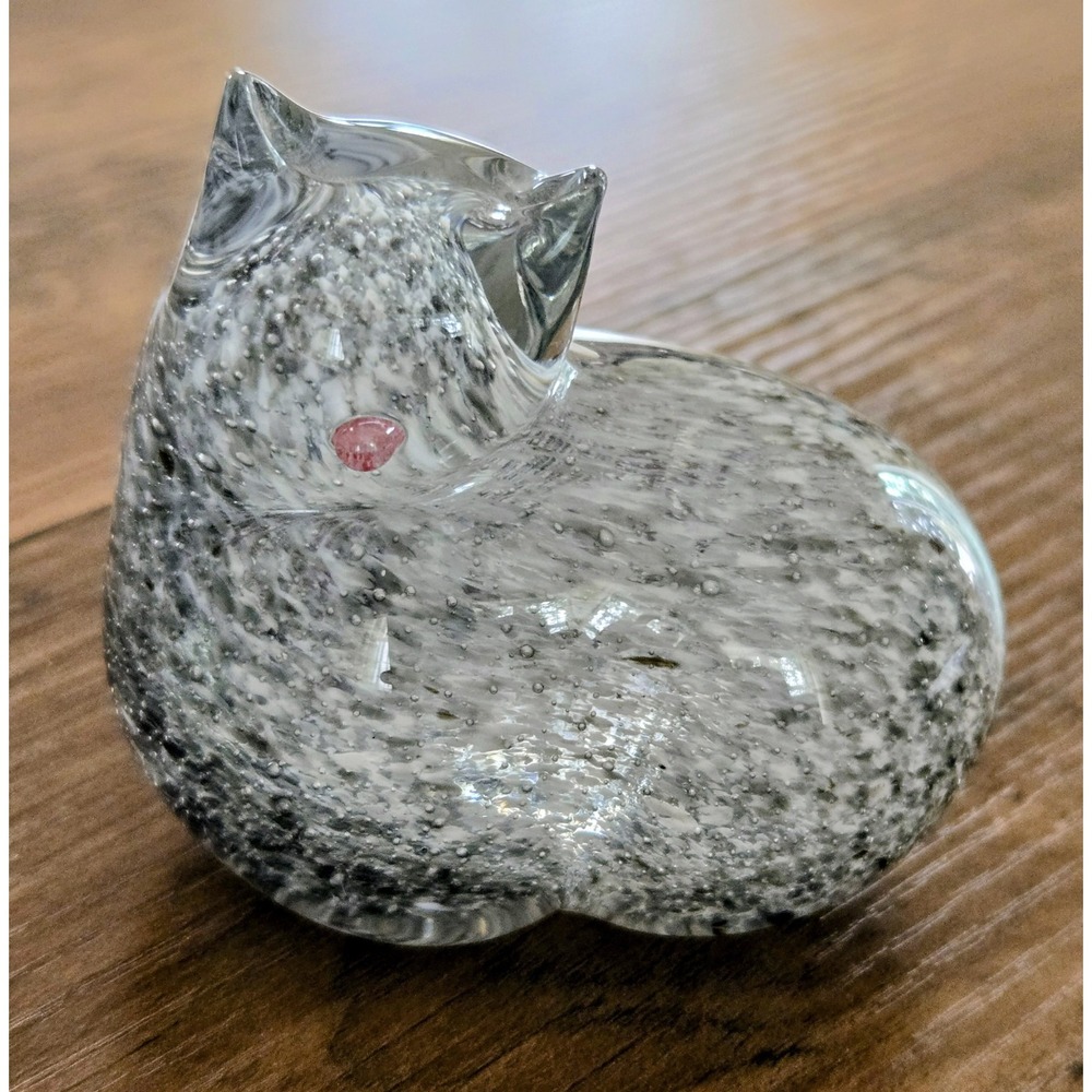 Hand-blown Glass Gray and White Color Marled Cute "Loafing" Cat W/Pink Nose